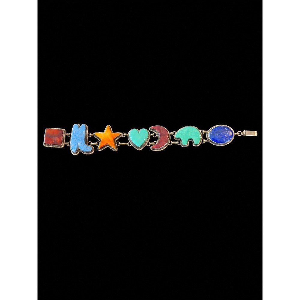 Joan Slifka Sterling Silver Semi Precious Stone Southwestern Link Bracelet 90s